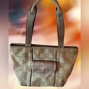 Liz Claiborne Small Tan Canvas LC Logo Shoulder Bag w/Brown Croc Trim